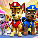 **Prompt:** A group of cute PAW Patrol puppies, including Chase, Marshall, Skye, and Rocky, are standing together smiling in front of their headquarters. The background shows Adventure Bay with bright colors. The style is cartoonish and cheerful, suitable for children.