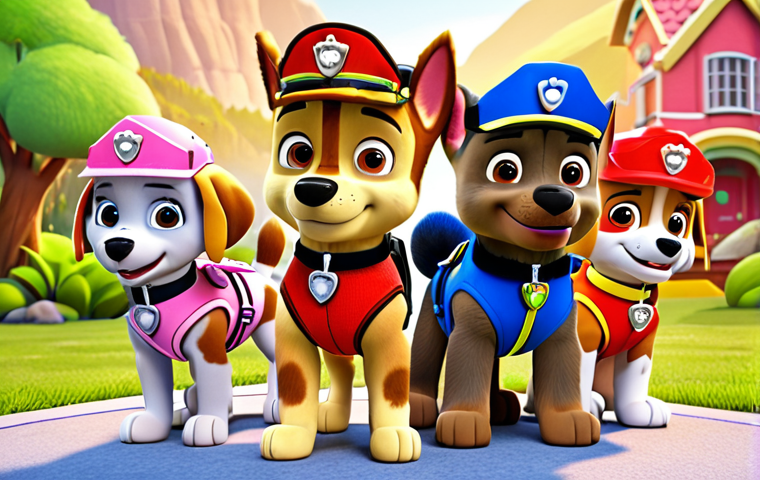 **Prompt:** A group of cute PAW Patrol puppies, including Chase, Marshall, Skye, and Rocky, are standing together smiling in front of their headquarters. The background shows Adventure Bay with bright colors. The style is cartoonish and cheerful, suitable for children.