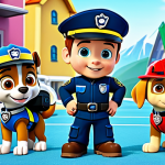 A group of adorable animated rescue puppies from the PAW Patrol team, including Chase, Marshall, and Skye, along with their human leader, Ryder. The puppies are in their distinctive, modest rescue uniforms, equipped with their specific, professional gear, such as Chase in his police vehicle, Marshall with a small fire truck, and Skye hovering in her helicopter. Ryder is fully clothed in his standard, professional Paw Patrol uniform, actively guiding the team. They are engaged in a safe, teamwork-oriented problem-solving scenario, demonstrating cooperation in a bright, cartoon-style depiction of Adventure Bay, resembling a well-maintained town square. professional animation, high resolution, vibrant colors, clean lines, dynamic composition, perfect anatomy, correct proportions, natural pose, well-formed hands, proper finger count, natural body proportions, fully clothed, appropriate attire, safe for work, appropriate content, family-friendly, modest clothing.