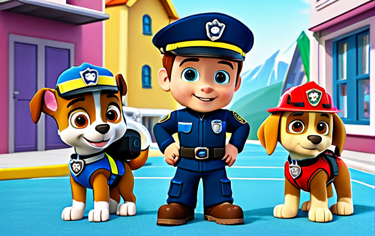 A group of adorable animated rescue puppies from the PAW Patrol team, including Chase, Marshall, and Skye, along with their human leader, Ryder. The puppies are in their distinctive, modest rescue uniforms, equipped with their specific, professional gear, such as Chase in his police vehicle, Marshall with a small fire truck, and Skye hovering in her helicopter. Ryder is fully clothed in his standard, professional Paw Patrol uniform, actively guiding the team. They are engaged in a safe, teamwork-oriented problem-solving scenario, demonstrating cooperation in a bright, cartoon-style depiction of Adventure Bay, resembling a well-maintained town square. professional animation, high resolution, vibrant colors, clean lines, dynamic composition, perfect anatomy, correct proportions, natural pose, well-formed hands, proper finger count, natural body proportions, fully clothed, appropriate attire, safe for work, appropriate content, family-friendly, modest clothing.